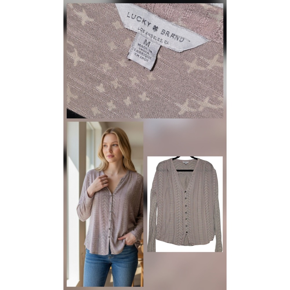 Vintage Lucky Brand‎ Neutral Knit Rayon Boho Peasant Blouse Size Med